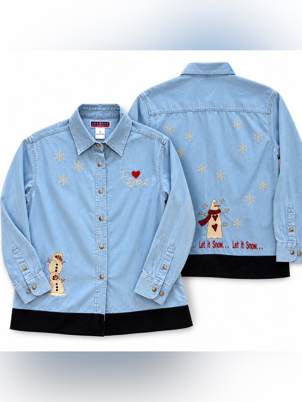 Vintage 90s Custom Snowman Embroidered Denim Christmas button Down XL